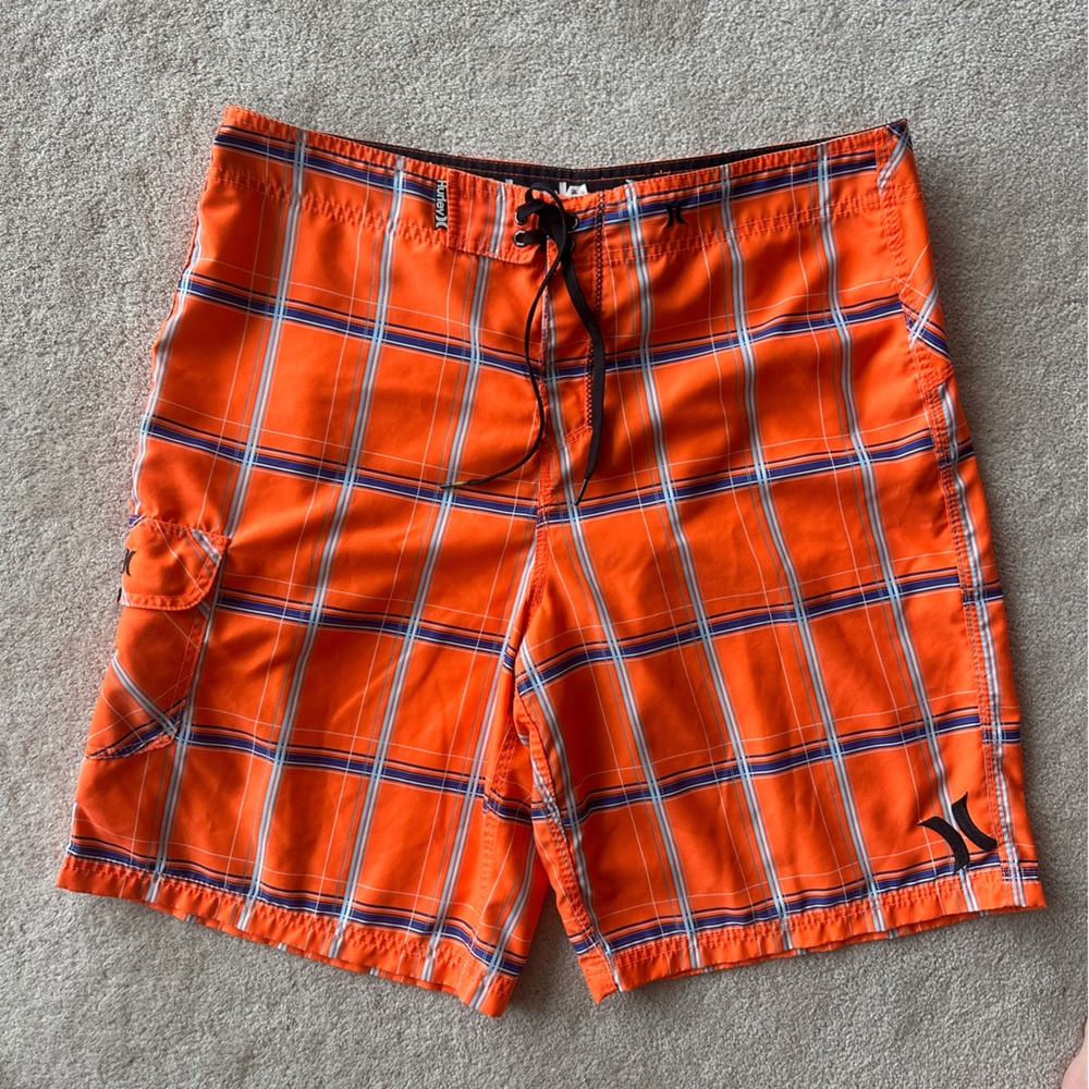Hurley Orange Plaid Athletic Shorts
